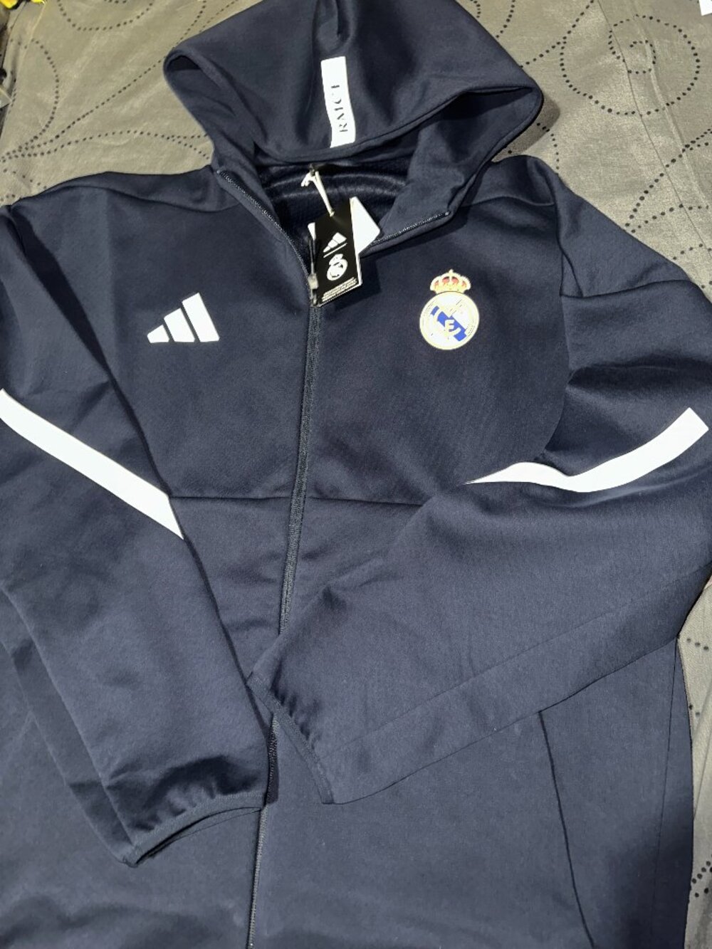 ADIDAS REAL MADRID SOCCER DARK BLUE & WHITE JACKET HOODIE SIZE XL OR L MEN $110
